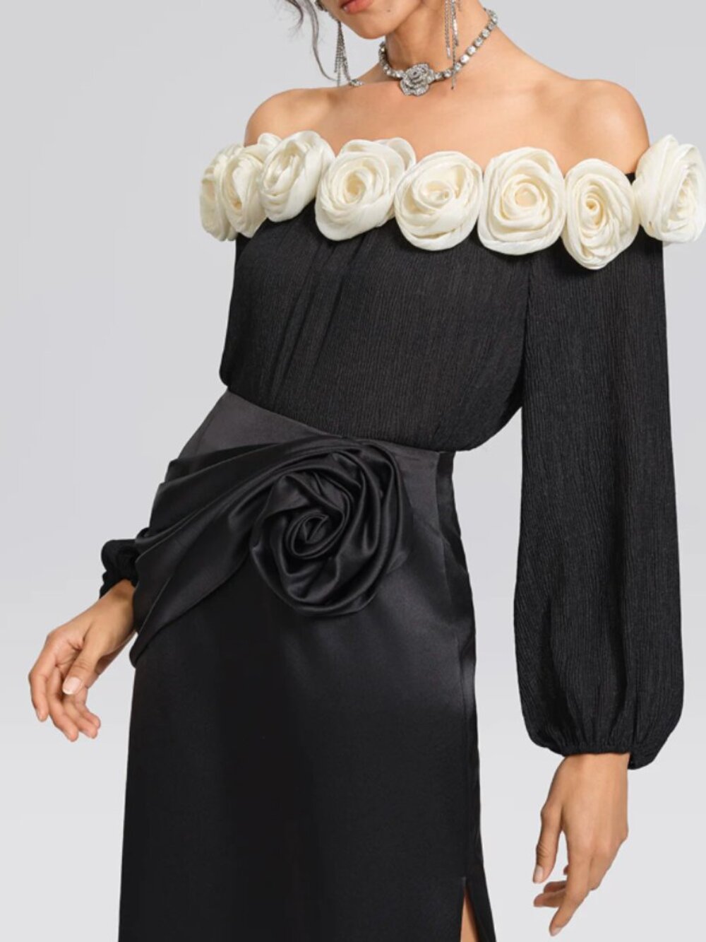 Black Satin 3D Floral Skirt - Rich Radiqs